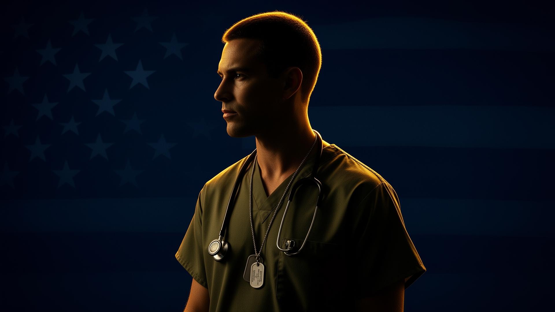 U.S. Military medic in scrubs with stethoscope and dog tags